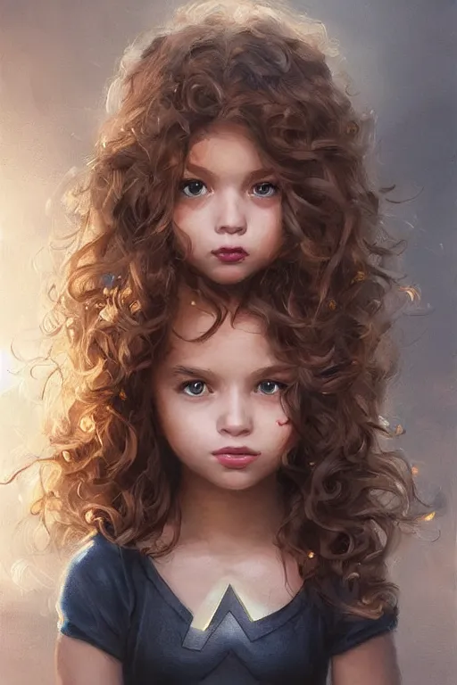 Image similar to a little girl with a michievous face and light brown curly hair. she is dressed as a superhero. clean elegant painting, beautiful detailed face. by artgerm and greg rutkowski