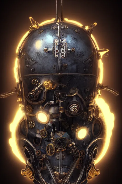 Image similar to steampunk mask minimalist fantasy art robot ninja helmet, global illumination ray tracing hdr fanart arstation by sung choi and eric pfeiffer and gabriel garza and casper konefal radiating a glowing aura