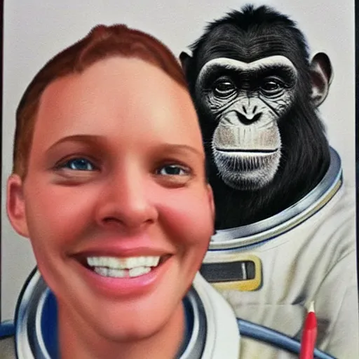 Image similar to pencil art, realistic self portrait, astronaut with a chimpanzee.