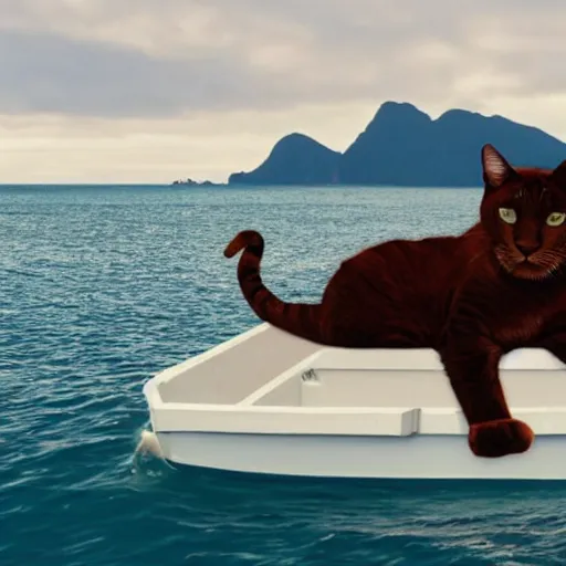 Image similar to A large cat on a small boat, cinematic, Funny, lots of detail, large island in the background out of focus,