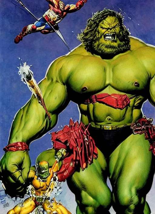 Image similar to full body and head portrait of brian blessed as marvel hulk in metal armour, dynamic action, painted by norman rockwell and phil hale and greg staples and tom lovell and frank schoonover and jack kirby
