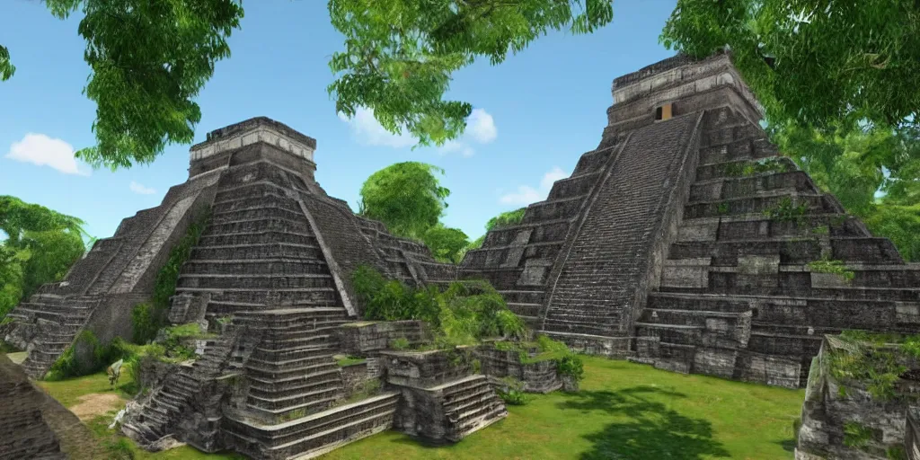 Image similar to mayan city of tikal if it was a game like grand theft auto v first person view, with realistic visuals and award winning gameplay, graffiti