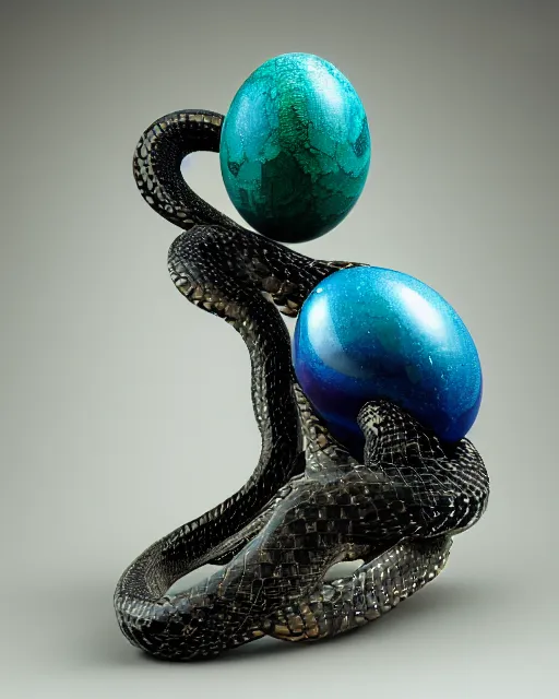 Image similar to a photo of a sculpture of a snake made from blue and emerald and amethyst crystal geode formations encircling a marble egg on a base of obsidian made with liquid gold tendrils flowing by ellen jewett by stanisław szukalski, octane render, recursive, tendrils, elestial crystals, geode, refracted light