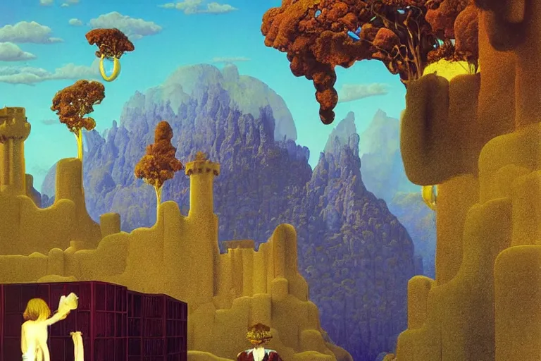 Prompt: a surreal fantasy landscape featuring a castle made of giant books, digital painting by maxfield parrish and michael whelan, photorealistic