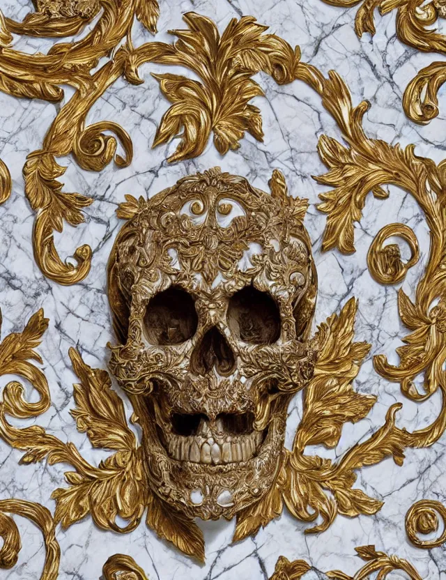 Image similar to beautiful portrait of a large ornate and intricate rococo skull, hyper detailed, gold plated on white marble, wallpaper pattern