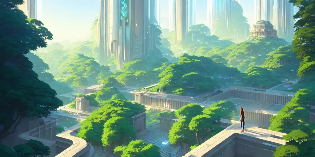 Image similar to futuristic ancient city hybrid with tall shiny marble buildings in an evergreen valley, several waterfalls, landscape, global illumination, morning light, radiant light, bird's eye view, by makoto shinkai and lois van baarle, ilya kuvshinov, rossdraws, tom bagshaw