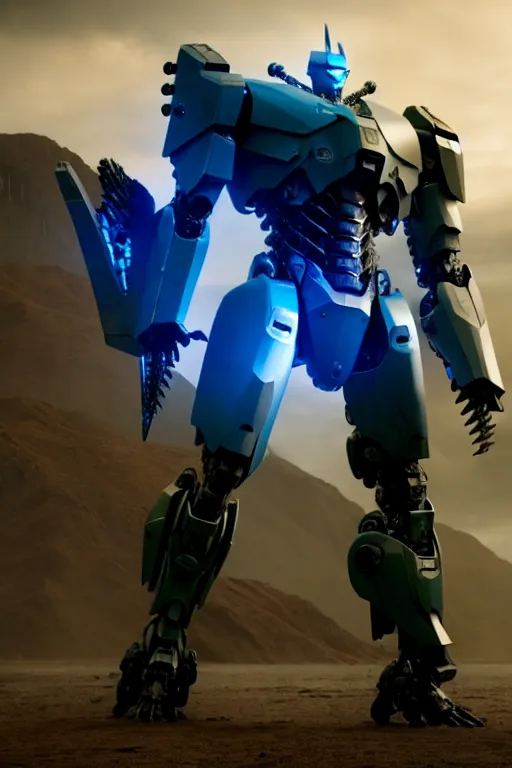 Image similar to a cinematic still from pacific rim and westworld, full body mech, pacific rim jaeger, intact humanoid servo, octane render, nvidia raytracing demo, masterpiece, aged armor plating, decipticon armor plating, aggressive head, endoekeleton exposure