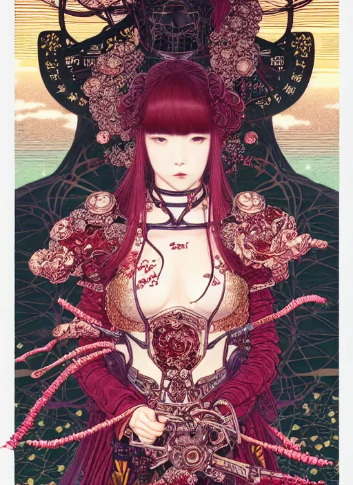 Prompt: highly detailed illustration yoneyama mai, artstation, katsuhiro otomo, fluorescent, fantastic, fate, manga poster of princess mechine, minaba hideo, takato yamamoto, long hair, art nouveau, armor, laces, ruffles, 8 k, maximalist,