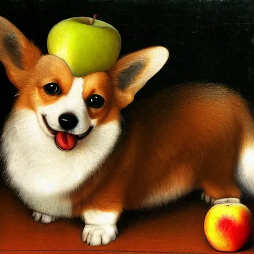 Prompt: corgi with an apple on its head, 4 k, leonardo da vinci