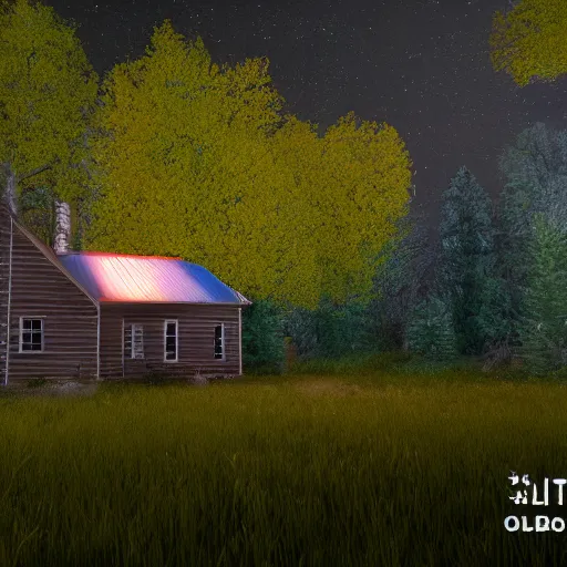 Prompt: a ultra realistic blue lightning arc over a cabin in the wood, by night. horror movie scene, stars in the sky. cow fences. complex, highly detailed, unreal engine 5, 8 k render