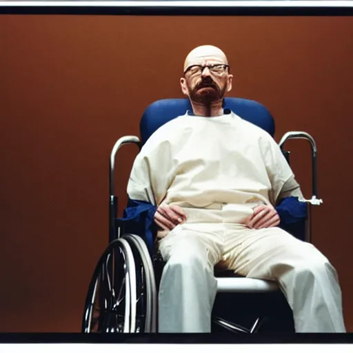 Image similar to walter white with no beard, wearing an oxygen mask, sitting in a wheelchair in a courtroom. photography by annie liebowitz