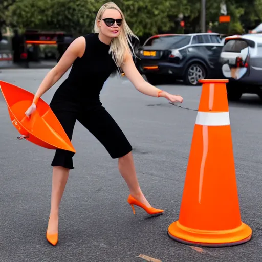 Image similar to margot robbie stealing a traffic cone, 4 k