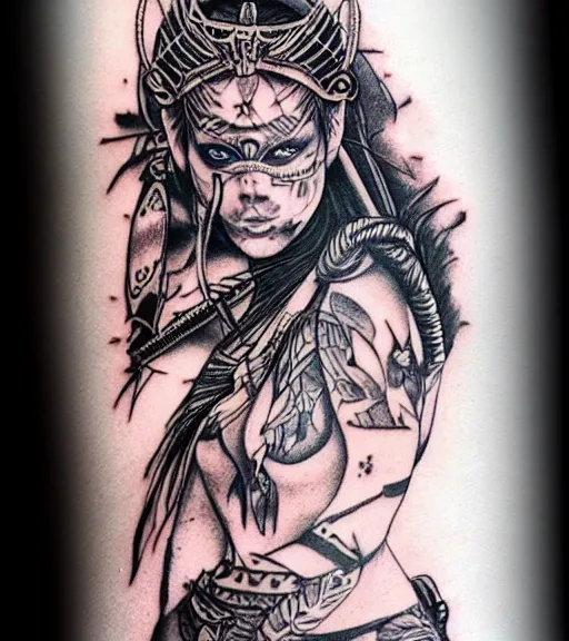 Image similar to tattoo design of a hyper realistic beautiful girl warrior, hyper detailed, inspired by eliot kohek, on white background