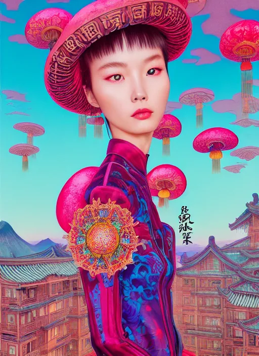 Image similar to pretty chinese model with hallucination mushroom : : by martine johanna and simon stalenhag and chie yoshii and casey weldon and wlop : : ornate, dynamic, particulate, rich colors, intricate, elegant, highly detailed, centered, vogue, harper's bazaar, fashion magazine, smooth, sharp focus, octane render, 8 k