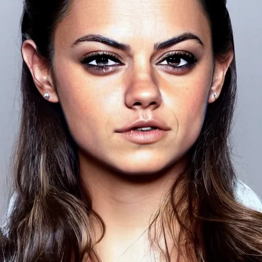 Image similar to a woman who is a genetic combination of mila kunis and emma watson face and upper - body focus