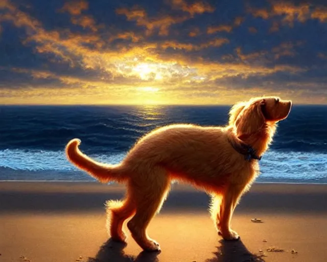 Prompt: a cute puppy with its eyes closed on a very windy day, at the sea,, wind blowing through its fur, highly detailed, hyperrealistic, intricate, sunset in the background, rays of golden red sunlight, oil painting by greg rutkowski and artgerm and wlop