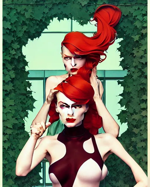 Prompt: joshua middleton, phil noto, norman rockwell, artgerm, emma stone poison ivy dc comics, vines, symmetrical eyes, city rooftop