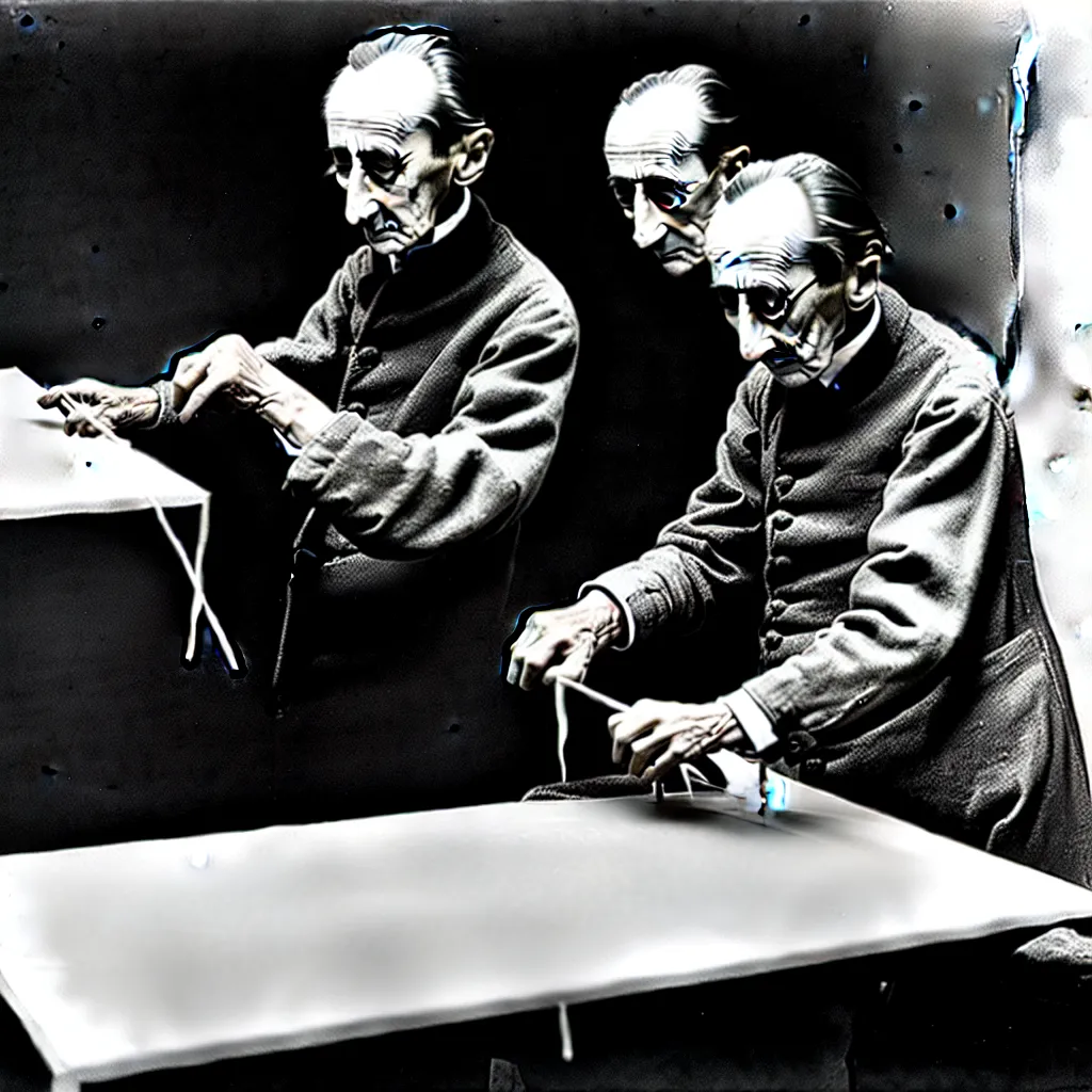 Image similar to a long exposure shot of Marcel Duchamp working on a readymade object, archival pigment print