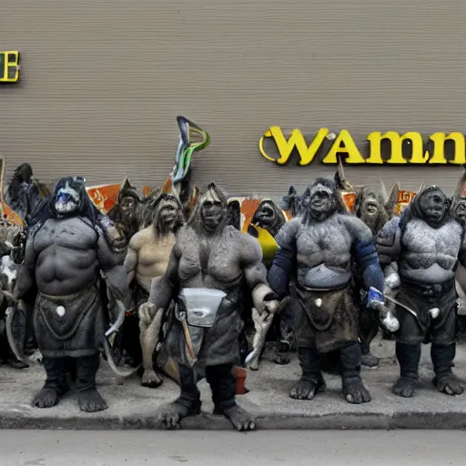 Prompt: orcs standing outside of a Walmart, protesting the working conditions, High detail, 2005