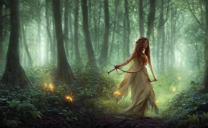 Image similar to a joyful fairy queen, in a dark forest, telephoto, rule of thirds, symmetry, beautiful, magical, fireflies, mysterious matte painting by greg rutkowski and marc simonetti and ivan shishkin, 4 k