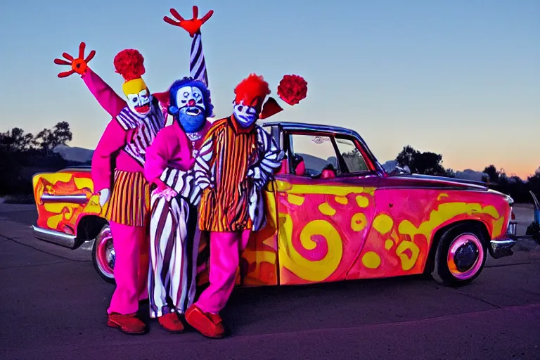 Image similar to 2 0 clowns leaving a clowncar at a california drive in, in 2 0 1 2, cutecore clowncore, bathed in the the glow of the sunset, low - light photograph, in style of monkeybone