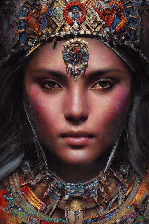 Image similar to aztec princess, gorgeous, close - up portrait, intricate, elegant, volumetric lighting, scenery, digital painting, highly detailed, artstation, sharp focus, illustration, concept art, ruan jia, steve mccurry