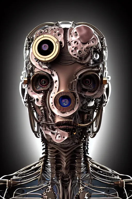 Prompt: masterpiece 3D render profile face steampunk cyborg android, neon lenses for eyes, fractal, titanium skeleton, anatomical, flesh, facial muscles, wires, microchips, electronics, veins, arteries, full frame, highly detailed, flesh ornate, black light, octane render by Giger and Johanna Martine and Jeffrey Smith, background of outer space neon nebulas by Pilar Gogar