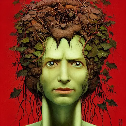 Prompt: Face Head Eyes Rootpunk Elven Physique Portrait of a Shaman Guy wearing an ivy costume lichen disguised as a human standing atop a red clay pot greg rutkowski jen bartel dragan bibin peter mohrbacher anna podedworna arthur rackham salvador dali octavio ocampo jacek yerka winslow homer norman rockwell uta natsume prismacolor tombow quill