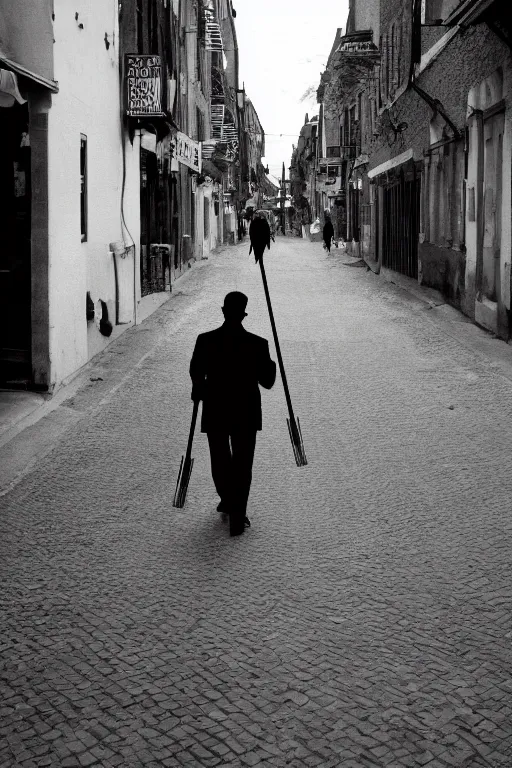 Prompt: man walking down a street holding two canes, detailed face, full shot, 4k high res, 120 black and white film