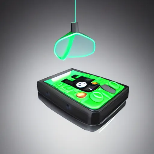 Prompt: an ultra high definition cycles 3D render of a floating chunky green transparent plastic mobile phone modelled after a walkie-talkie at an angle with an e-ink screen inspired by a g-shock watch. Emissive screen and indicator lights, bloom, volumetric shadows