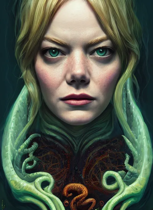 Image similar to portrait emma stone as cthulhu, hyper detailed, digital art, trending in artstation, cinematic lighting, studio quality, smooth render, unreal engine 5 rendered, octane rendered, art style by klimt and nixeu and ian sprigger and wlop and krenz cushart.