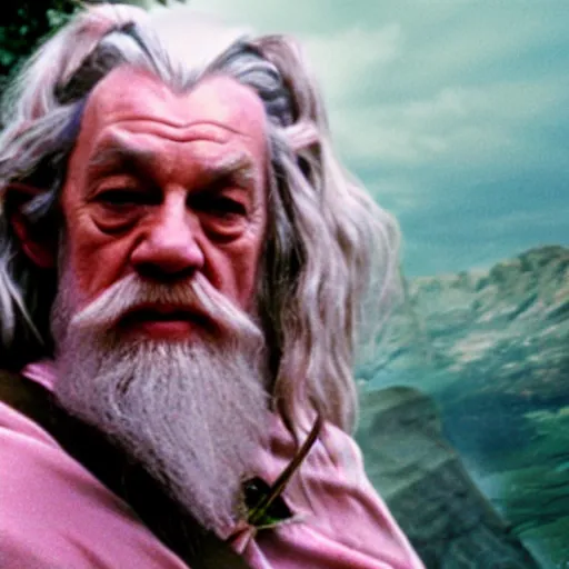 Image similar to portrait of gandalf the pink, pink bowtie in his hair, holding a blank playing card up to the camera, movie still from the lord of the rings