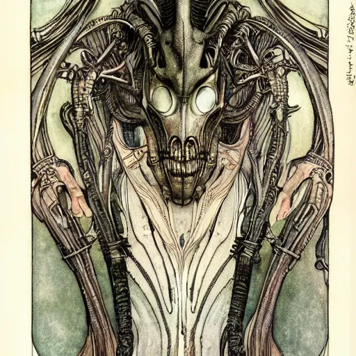 Image similar to a detailed, intricate watercolor and ink art nouveau portrait illustration with fine lines of h. r. giger's xenomorph alien head and torso, by arthur rackham and edmund dulac and lisbeth zwerger and alphonse mucha