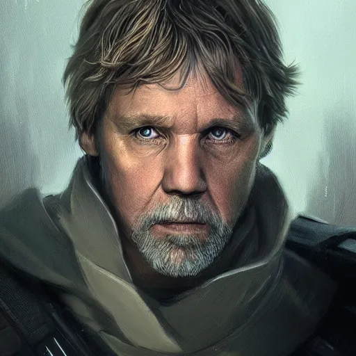 Image similar to portrait of a man by Greg Rutkowski, Commander Luke Skywalker from Star Wars Expanded Universe, he is about 60 years old, beard, wearing tactical gear of the Galactic Alliance, highly detailed portrait, digital painting, artstation, concept art, smooth, sharp foccus ilustration, Artstation HQ