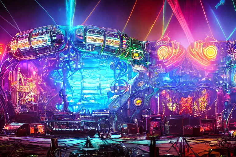 Prompt: an outdoor festival stage with audience, neon letters tripmachine, center of the stage is a big futuristic steampunk generator with gears and belts and tubes, surrounded by big cyberpunk loudspeakers, rock musicians on the stage, laser show, 8 k, fluorescent colors, halluzinogenic, multicolored, exaggerated detailed, unreal engine