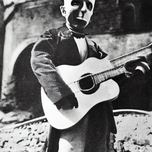 Image similar to vintage photograph of count orlok outside his castle, playing the blues on guitar, castle in the background, 4 k