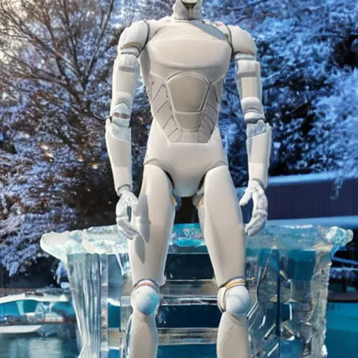 Image similar to made of ice, a realistic detailed photo of a guy who is an attractive humanoid who is half robot and half humanoid, who is a male android, on display, blank stare, showing off his muscles, shiny skin, posing like a statue, by the pool, frozen ice statue, f 1 driver max verstappen, humanoid robot