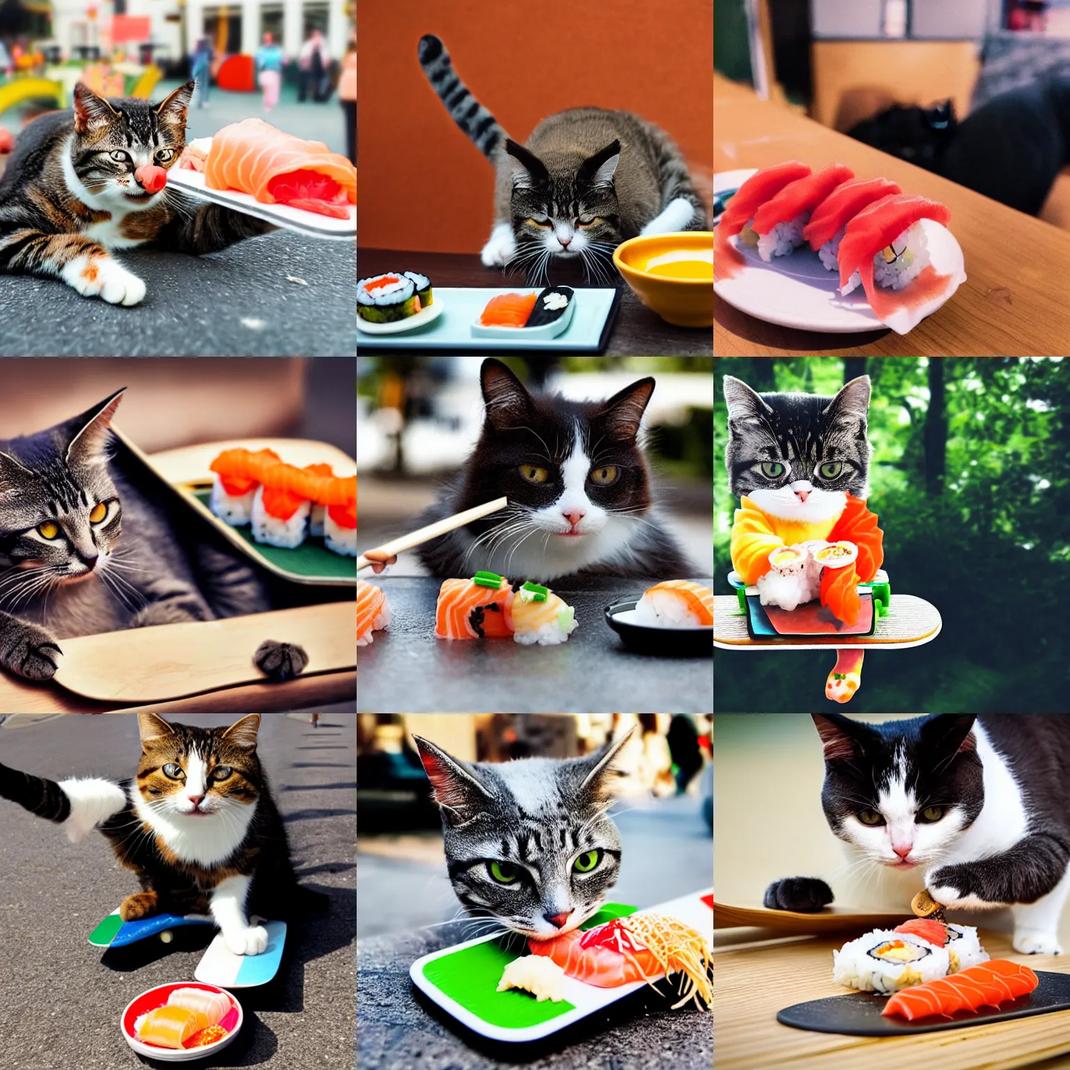 Prompt: happy cat on a skateboard eating sushi in legnica, realistic photograph