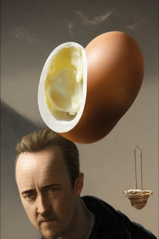 Image similar to a boiled egg with the shell peeling off with edward norton's face inside, highly detailed, dramatic lighting, concept art by caravaggio and greg rutkowski and artgerm