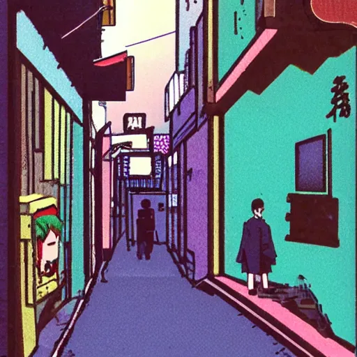 Image similar to salary man in small alley in golden gai in the 8 0 s, vaporwave nostalgia, 8 0 s anime, studio ghibli, sketched by osamu tezuka