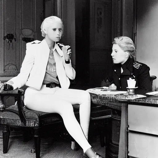 Prompt: 19-year-old Aristocratic platinum-blonde-haired hime-cut blue-eyed French empress wearing white leggings and black jacket, sitting in office, chatting with female communist officer, futuristic gadgets, HD photograph