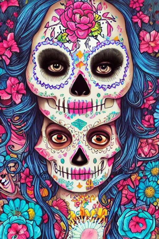 Prompt: illustration of a sugar skull day of the dead girl, art by hikari shimoda