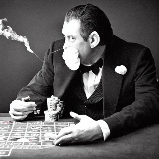 Image similar to monkey in a suit smoking a cigar and playing poker in a casino, 5 0 mm, black and white photo