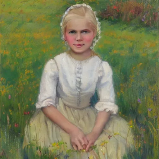 Prompt: young blonde pioneer girl in a meadow, portrait, oil