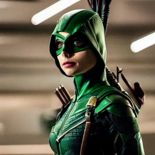 Image similar to film still of willa holland as a female green arrow in the 2 0 1 7 film justice league, focus on facial details, minimal bodycon feminine costume, dramatic cinematic lighting, inspirational tone, suspenseful tone, promotional art