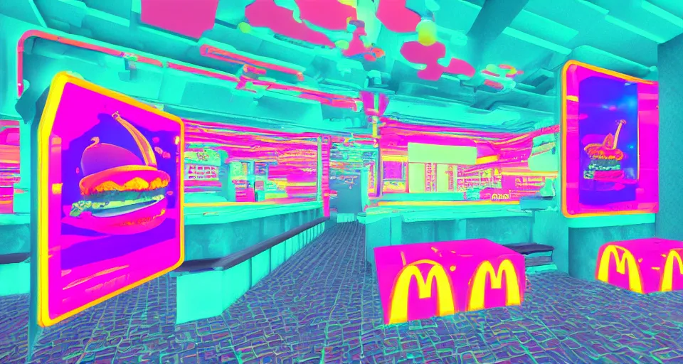 Image similar to 80s vaporwave outrun 3d Render of deep sea mcdonalds, liminal space retro, grainy, noisy