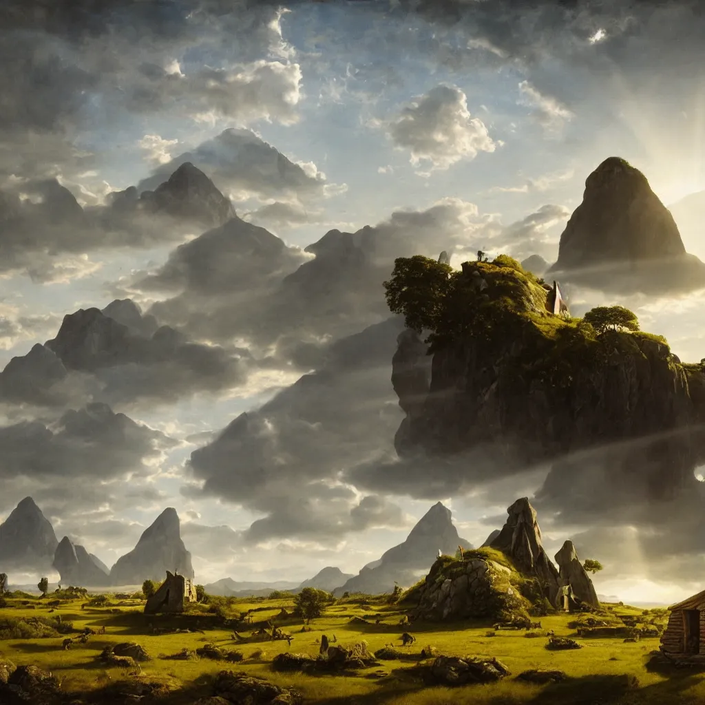 Prompt: a large single monolith with a hobbit house on top in the middle of a wide open field from a distance with mountains in the background and god rays shining through the coulds on the monolith, epic, cinematic, walton ford, jan van eyck, walton ford, fine details, high contrast