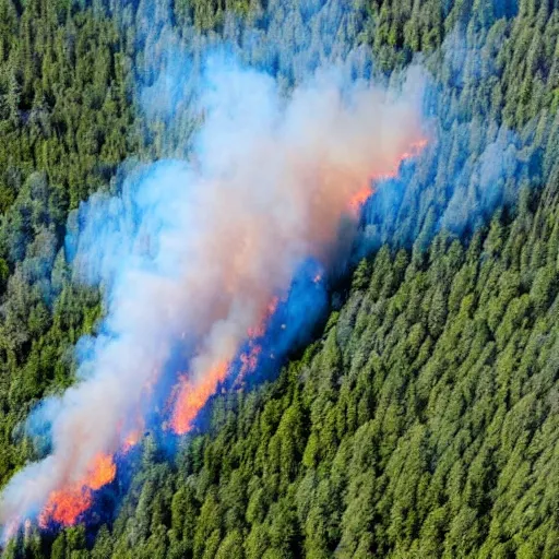 Prompt: aerial photo of a large wildfire in a forest