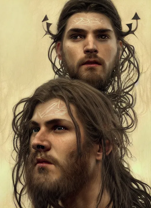 Prompt: portrait of a young giant charming cunning man with runic face tattoo and long tangles of straight black hair, piercing eyes, wearing royal viking robe, hyper realistic face, epic, very low angle, fantasy art, in the style of greg rutkowski, intricate, alphonse mucha, hyper detailed, smooth