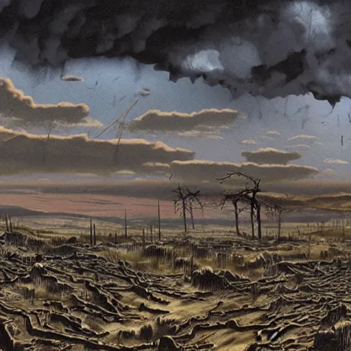 Prompt: post apocalyptic landscape by raymond briggs